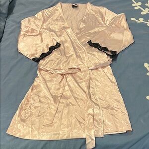Elegant Pink Satin Robe with Black Lace Trim